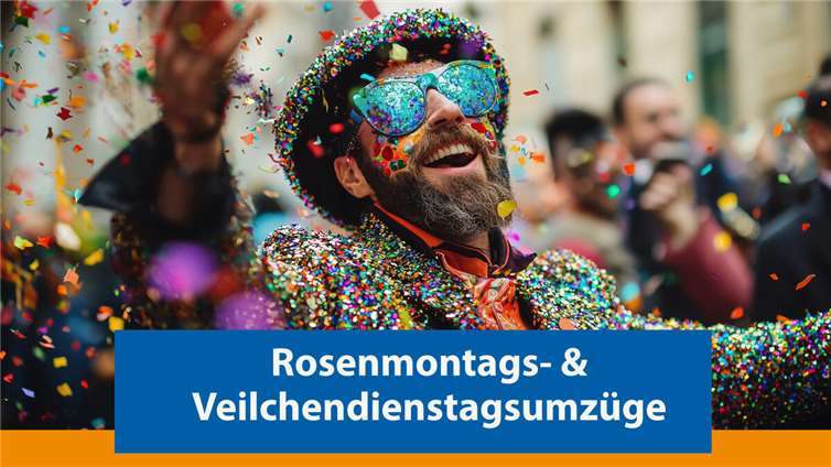Die Rosenmontags- & Veilchendienstagsumzüge im Überblick Graphik: Herzog - Adobe Stock
