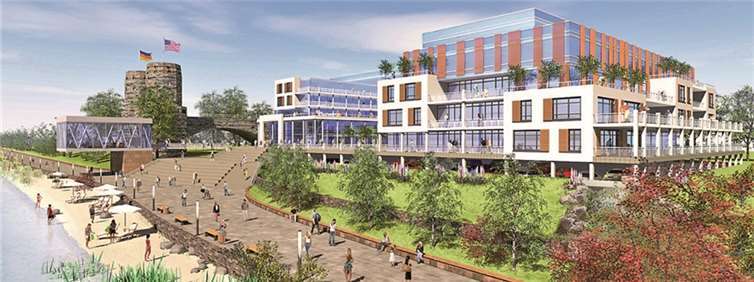 Gravitätisch und elegant plant der Architekt Tom Krause die „Rheinresidenz“ an den Brückentürmen. Foto: Repro AB