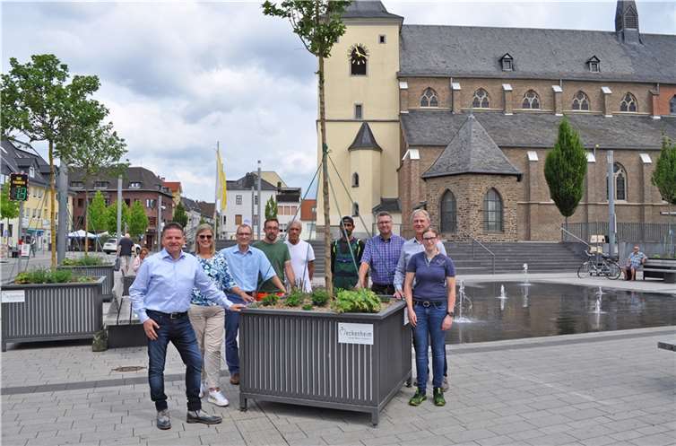 Große Pflanzkübel begrünen ab sofort den Kirchplatz in der Altstadt. Bürgermeister Holger Jung (links) und sein Verwaltungsteam (v.l.n.r. City-Managerin Nicole Bangert, Wirtschaftsförderer Dirk Schwindenhammer, Tim Lanzerath, Viktor Habermann und Khuram Shahzad – Mitarbeitende des Baubetriebshofes, Marcus Witsch- Fachbereichsleiter Verkehr und Grünflächen, Ullrich Hagedorn – Leiter des Baubetriebshofes sowie Vanessa Graf, Baubetriebshof, präsentierten das neue „Grün“ vor Ort..  Foto: Stadt Meckenheim