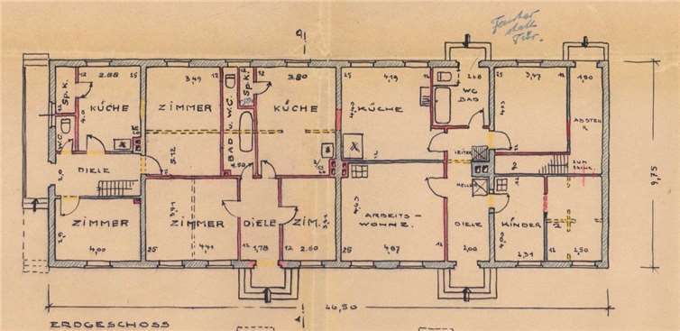 Grundriss zum Umbau einer Baracke in drei Lehrerwohnungen in der Essiger Straße 10-12 in Odendorf 1949.  Quelle: Archiv der Gemeinde Swisttal