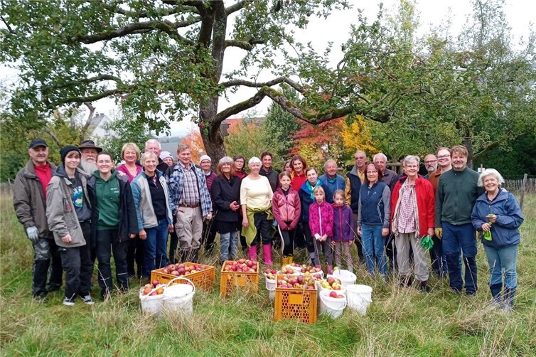 Gut gelaunte und zufriedene Helferinnen und Helfer nach getaner Arbeit in den Streuobstwiesen des Klosters Arenberg. Foto: Verein Schönes Immendorf e. V., Elfriede Böhm