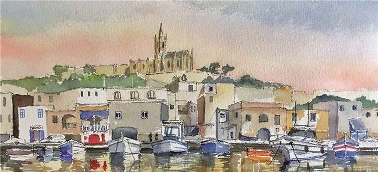 "Hafenszene", ein Aquarell des maltesischen Künstlers Joseph Casapinta. privat