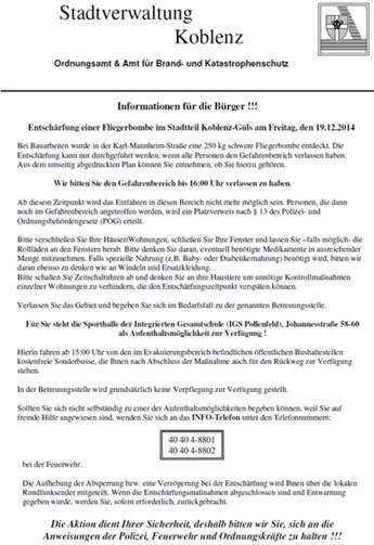 Neubaugebiet von Güls wird evakuiert Handzettel für die Anwohner im Evakuierungsgebiet.