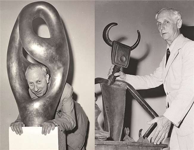 Hans Arp mit „Ptolemäus I“, Venedig, Juni 1954 Arp Fondazione Marguerite Arp, Locarno. Max Ernst mit seiner Bronze „The King playing with the Queen“, Venedig, Juni 1954 © akg-images / Archivio Cameraphoto Epoche, Fotos: Dino Jarach.