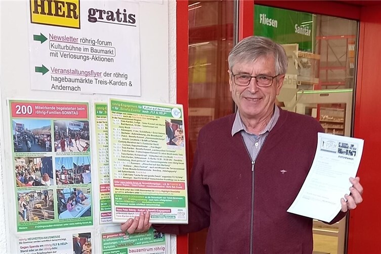 Hans Peter Röhrig freut sich, dass in unserer ländlichen Region zunehmend Kultur-Events mit freiem Eintritt angeboten werden, worüber er besonders gerne informiert auf Plakaten und ständig aktualisiert unter www.roehrig-forum.de.