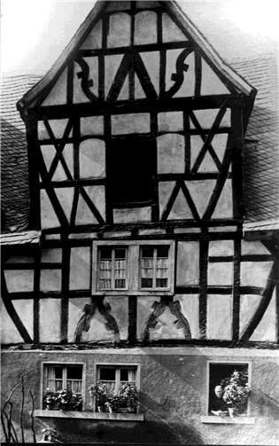 Historische Ansicht des Vorbild-Hauses mit der Großmutter von Hugo Arens im Fenster- Hugo Arens mit dem Model-Insektenhotel