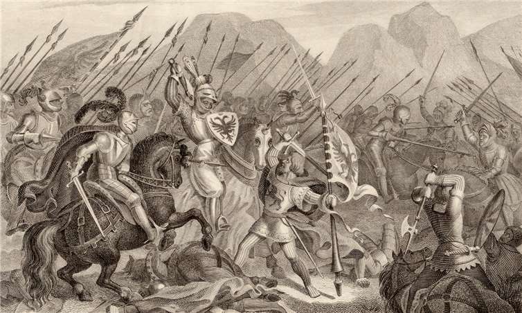 Historisierende Darstellung der Schlacht von Göllheim (1298) zwischen König Adolf (stehend, mit Reichsbanner) und Herzog Albrecht von Habsburg (reitend, mit heller Rüstung) Foto: Stahlstich von Johann F. Roßmäßler, 1840