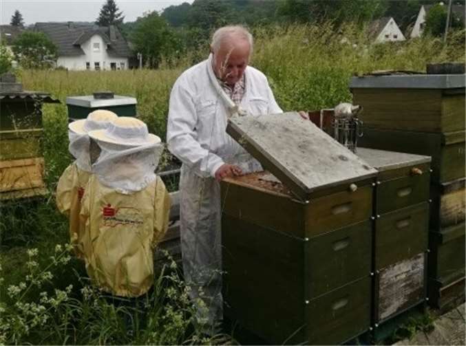 Horst Engelstätter zeigt den Schüler die Bienen.
