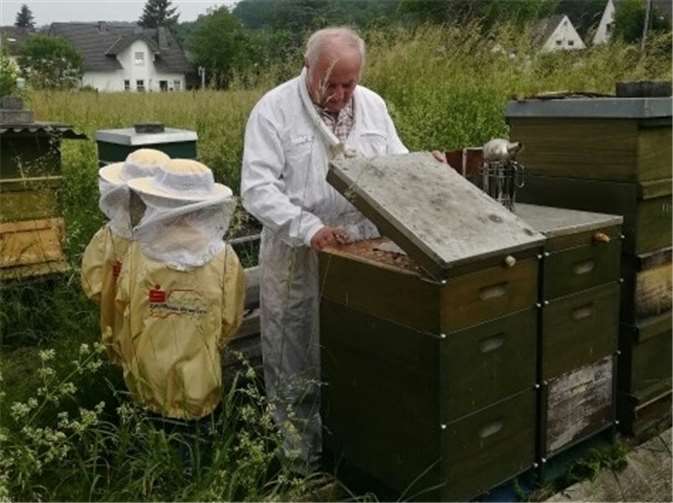 Horst Engelstätter zeigt den Schülern die Bienen.