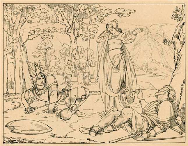 Illustration zur Sage von den Feindlichen Brüdern aus dem „Rheinischen Sagen-Kreis“ – Lithographie von Jakob Fürchtegott Dielmann nach Zeichnung von Alfons Rethel, vor 1835.