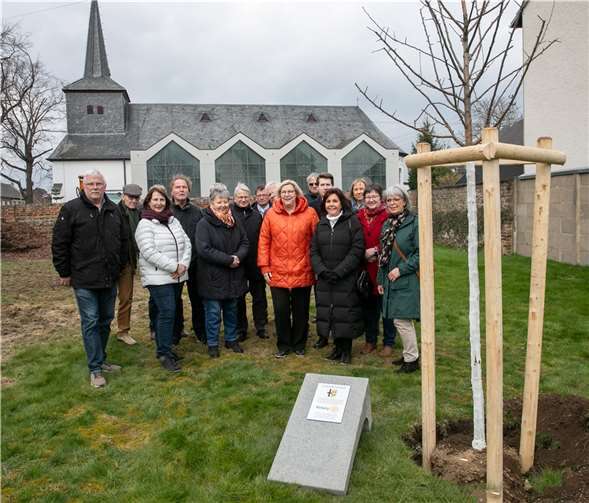 Im Ludendorfer Pfarrgarten der katholischen Kirchengemeinde pflanzte die Gemeinde Swisttal jetzt einen von zehn Gedenkbäumen zur Erinnerung an die verheerende Flutkatastrophe vom 14. Juli 2021. Die Gedenktafeln hatte Rotary gestiftet. Fotos: JOST
