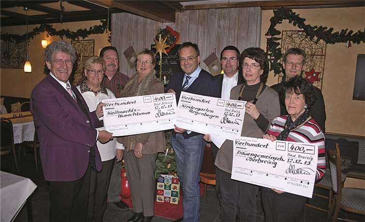 Im Rahmen einer kleinen Feierstunde wurden die Schecks übergeben (v.l.): Günter Monien, Gisela Monien, Peter Neusser, Dorothee Neusser, Bernd Weidenbach, Christian Dierschke, Lore Stark, Dr. Harald Nonn und Helene Schmitt.RÜ