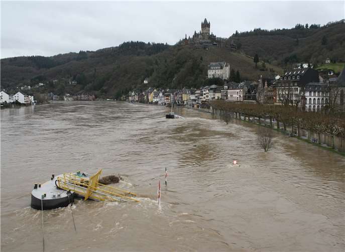 In Cochem trat beim diesjährigen Neujahrshochwasser die Mosel bis zum Pegelstand von 7,33 Meter über die Ufer.  TE