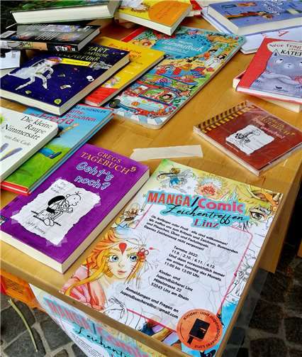 Bunte Comics in der „bunten Stadt am Rhein“  In der Kinder- und Jugendbücherei Linz wird ein Mal pro Monat voller Elan an Manga- und Comic-Zeichnungen gewerkelt.  Foto: privat