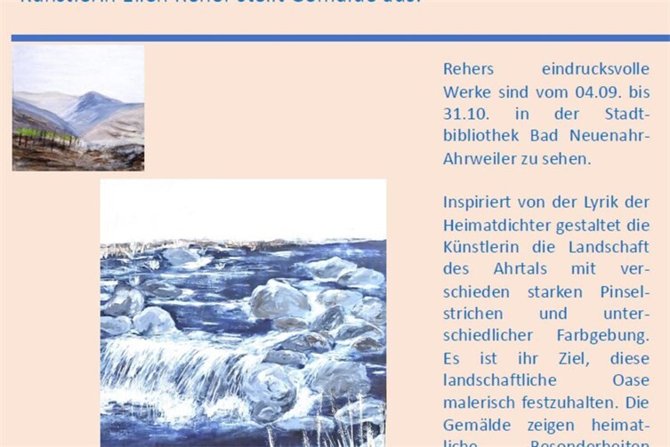 In der Stadtbibliothek Bad Neuenahr-Ahrweiler ist eine Ausstellung von Ellen Reher zu sehen. 
