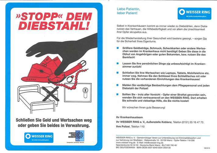 Infoblatt zum Krankenhausdiebstahl.