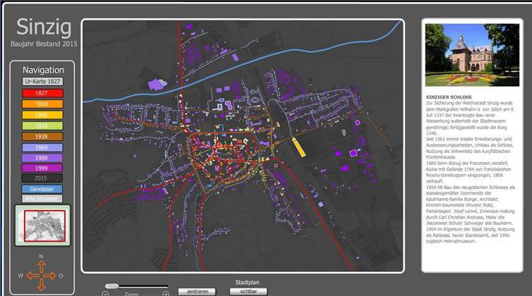 Informationen auf dem Bildschirm im Sinziger Museum: Die Kernstadt mit der Bebauung von 2015.Darstellung: allgrafics