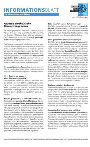 Informationsblatt „Abzocke durch falsche Gewinnversprechen“. Polizeiliche Kriminalprävention der Länder und des Bundes