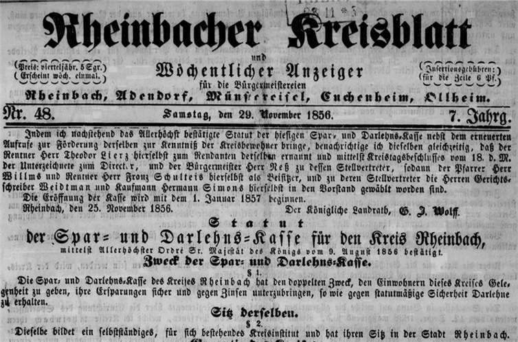 Insbesondere die Zeitungen im Archiv, wie hier das Rheinbacher Kreisblatt von 1856, lieferten wichtige Informationen für die Publikation.