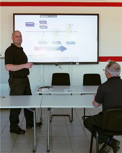 Jede Woche lernen die Neuen gemeinsam mit erfahrenen Feuerwehrlern wichtige Einsatzregeln – mal Praxis, mal Theorie. Anschaulich präsentiert Wehrleiter Kai Jost diese am neuen Smartboard von den SWN.  Foto: SWN/Maxie Meier