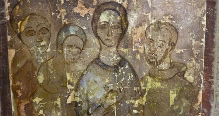 „Jesus bei dem Menschen“ – Ölmalerei auf oxydiertem Blattsilber aus dem Jahr 1968