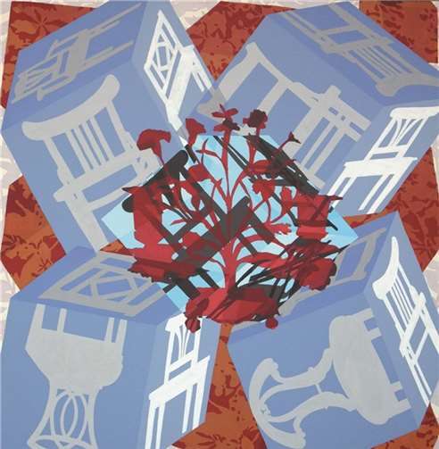 Jörg Eberhard,“Fünf Stühle und ihre Räume“, Acryl/Nessel.