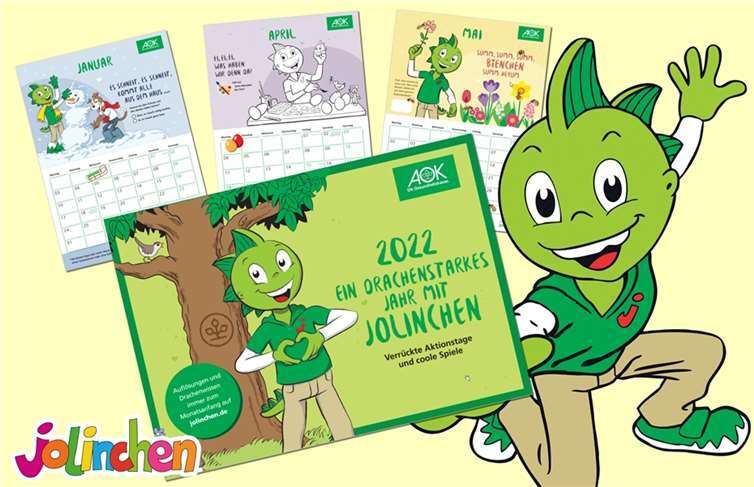 Jolinchen macht sich für Kinder stark. Mit dem lustigen Bildkalender möchte die AOK den Wiederaufbau der schwer beschädigten Ahrtal-Jugendherberge unterstützen. (Bild 1: AOK) 