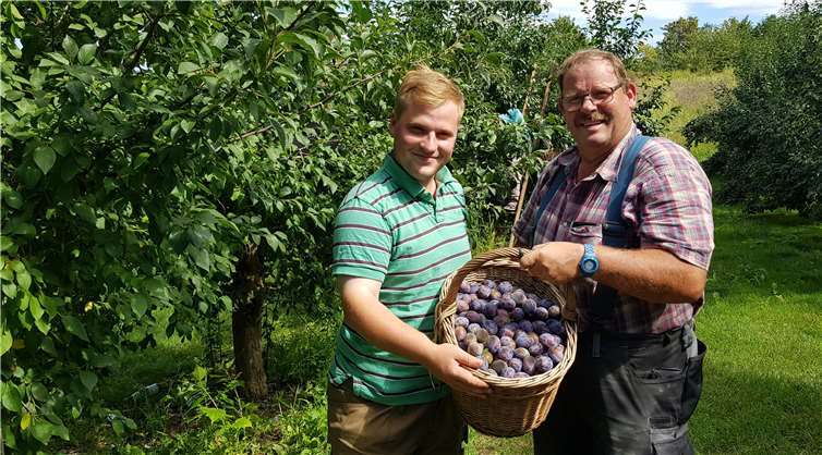 Jung-Obstanbauer Tim Kreuter und sein Vater Thomas Kreuter (Vorsitzender des Obstbaurings Koblenz) zogen ein erstes Fazit der diesjährigen Ernte.