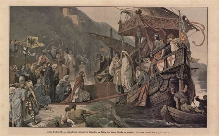 Kaiser Friedrich II. von Hohenstaufen empfängt seine Braut bei Stolzenfels - eine idealisierende historische Szene nach einem Aquarell von Alexander Zick. privat