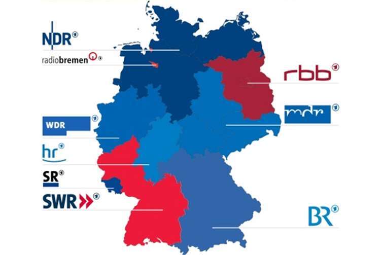Karte der Bundesrepublik Deutschland mit den Landesrundfunkanstalten der ARD. Foto: © gemeinfrei
