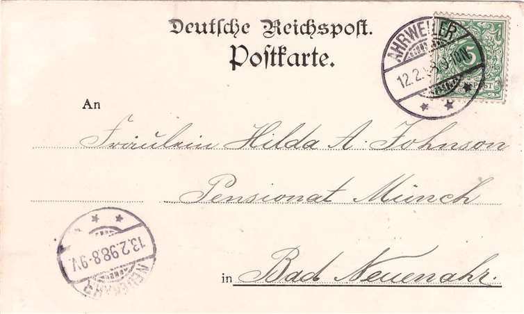 Karte von Sophie Heymann an Pensionat Münch - Rückseite.