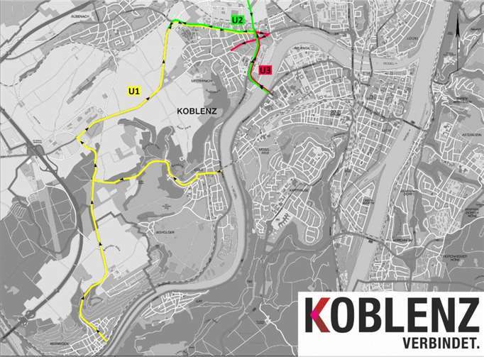 Kartenausschnitt mit eingezeichneten Umleitungsstrecken für den allgemeinen Verkehr. Quelle: Stadt Koblenz