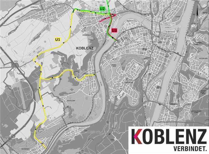 Kartenausschnitt mit eingezeichneten Umleitungsstrecken für den allgemeinen Verkehr. Quelle: Stadt Koblenz