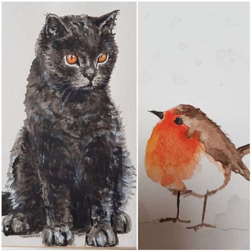 Katze (Kerstin Kümpel) und Rotkehlchen (Martina Schiffer): So friedlich begegnen sie sich nur in der Kunst... Fotos: privat