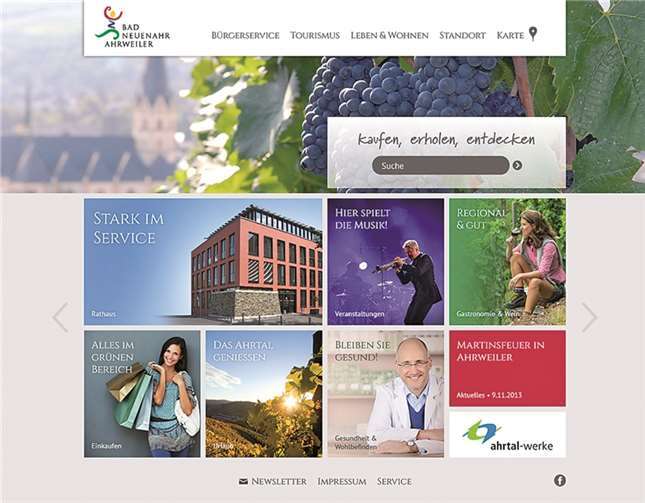 "Kaufen, erholen, entdecken" ist das Motto des neuen Internetauftrittes der Stadt Bad Neuenahr-Ahrweiler, bei der die Besucher eingeladen werden, sich über die Stadt und die Region zu informieren.