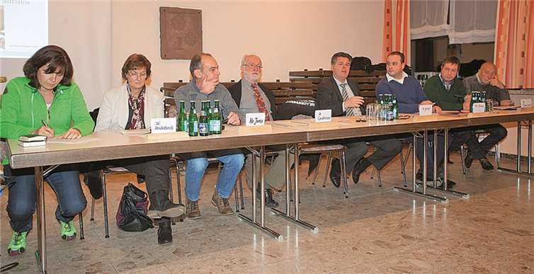Kerstin Mäurer, Ina Heidelbach, Rainer Jodes, Hans Carstensen, Dirk Gerber, Norman Kranz, Friedhelm Kurz und Klaus Puderbach (v.l.) standen in der Informationsveranstaltung Rede und Antwort. -WT-