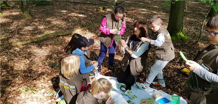 Kinder der Klasse 2a der Grundschule am Blauen See mit der Geschäftsführerin des Naturparks Rhein-Westerwald, Irmgard Schröer.Foto: privat