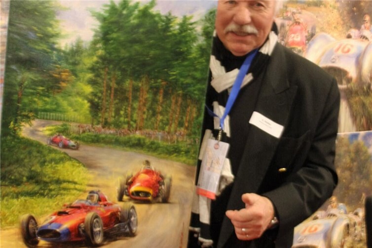 Klaus Ridder erlebte auch das ‚Jahrhundertrennen‘ 1957 mit dem Sieg von J.M.Fangio. Hier ein Gemälde, das die entscheidende Rennszene zeigt. Fangio kurz vor der Überholung von Mike Hawthorn.