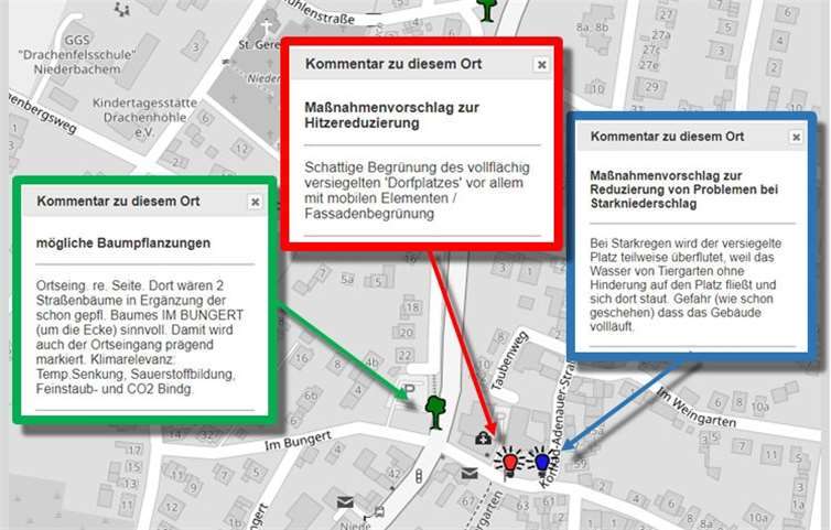 Klimatechnische Problemzonen, wie der Vorplatz Henseler Hof in Niederbachem, können über die online-Klimamap mit Verbesserungsvorschlägen gekennzeichnet werden. Quelle: © Klimamap Rhein-Voreifel/Parents Ergänzung)