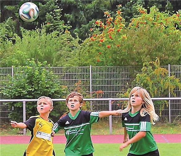 Kommt ein Fußball geflogen - Simon Schmitt (Mitte) und Manuel Escher (rechts) in Erwartung des runden Leders. Sandra Escher
