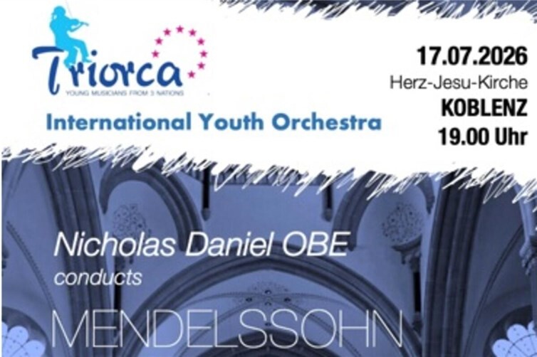 Konzertplakat des internationalen Jugendorchesters Triorca für ihr Konzert am 17.07.2026 um 19 Uhr in der Herz-Jesu-Kirche in Koblenz.