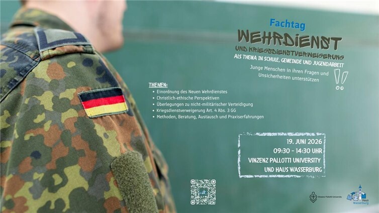 Krieg im Iran und der Ukraine sowie der neue Wehrdienst verunsichern viele jungen Menschen. Als Antwort darauf findet in Vallendar am 19. Juni von 9:30 bis 14:30 Uhr der Fachtag „Wehrdienst und Kriegsdienstverweigerung als Thema in Schule, Gemeinde und Jugendarbeit“ statt.