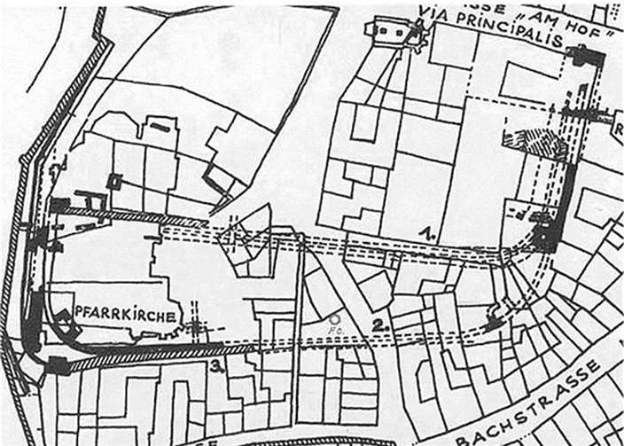 Lage des Fundortes außerhalb der 1. Holz-Erde-Umwallung.  Terra Sigillata
