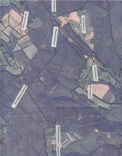 Lageplan einiger Höfe im Oberlahnsteiner Stadtwald. Eingezeichnet sind auch die Forsthäuser zur besseren rientierung.Foto: Sammlung Stadtarchiv Lahnstein