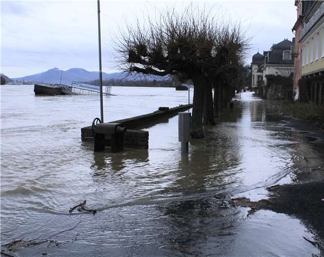 „Land unter“ auch auf der Unkeler Rheinpromenade.