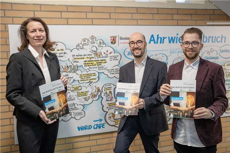 Landrätin Cornelia Weigand stellt gemeinsam mit Tino Hackenbruch (Leiter Kreiswirtschaftsförderung) und Timo Schäfer (Redaktionsleitung, re.) die aktuelle Ausgabe der AW-Wirtschaftsinfo vor.  Foto: Bernhard Risse
