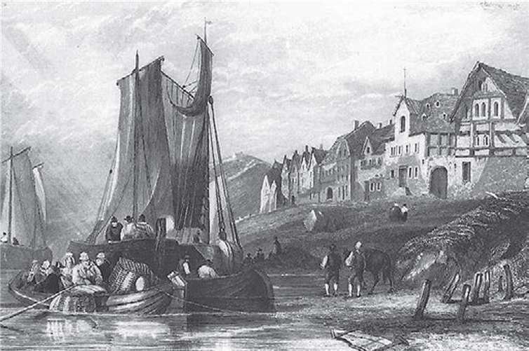 Lastschiffe am Rheinufer von Niederbreisig um 1840. Kreisverwaltung Ahrweiler