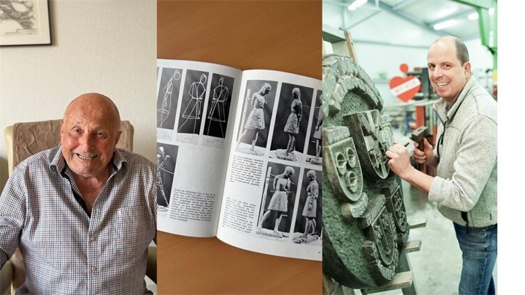 Links Fritz Portz, rechts sein Sohn Frank Portz, der heute die Portz Naturstein GmbH in Andernach führt. In der Mitte ein Auszug aus einem Buch zur Modellage mit Ton.