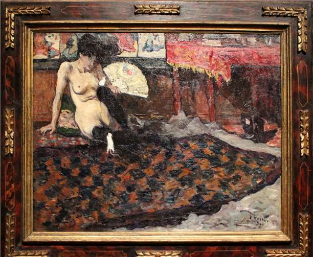 Louis Valtat malte 1893 die nackte Frau mitweißen Mäusen und japanischem Fächer.