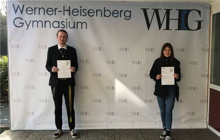 Luca Nicklisch erreichte beim Regionalwettbewerb Rheinhessen-Mainz den 2. Platz im Fachbereich Technik und gewann zusätzlich den Sonderpreis Energiewende. Lisa-Marie Ahrens gewann beim Regionalwettbewerb Südpfalz den ersten Preis im Fachbereich Technik und gewann ebenfalls zusätzlich den Sonderpreis Energiewende.Foto: WHG